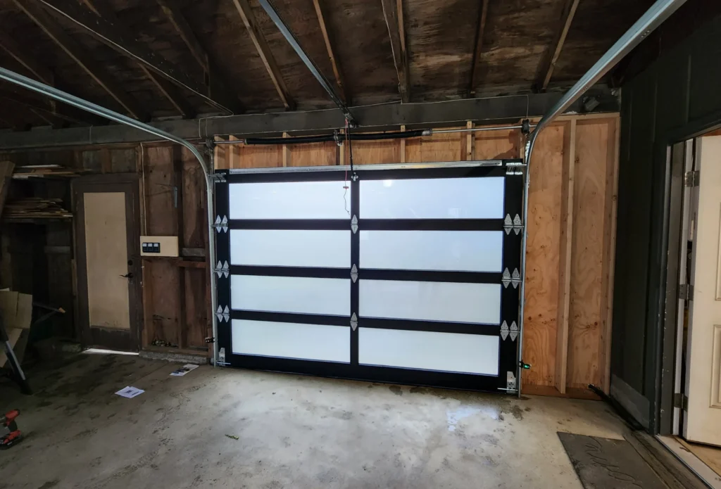 Modern garage door with frosted panels